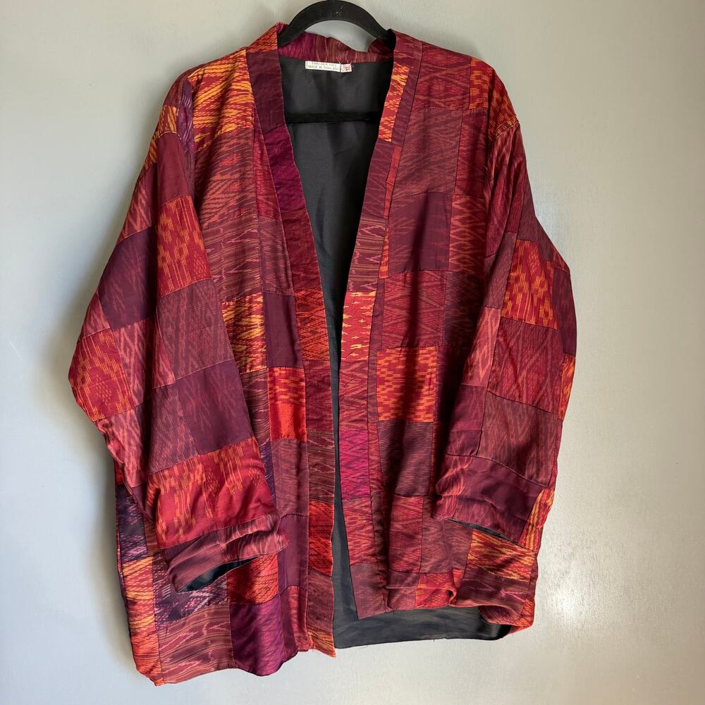 Vintage Women's XL Red + Orange 100% Silk Mandarin Collar Lined Jacket Lagenlook